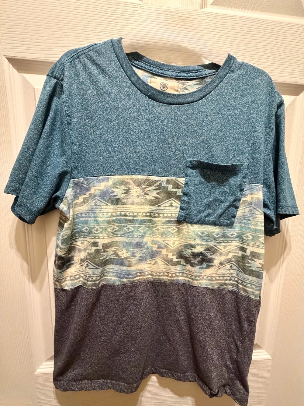 on the byas Teal Blue and Gray Short-Sleeve Pocket Tee with Aztec Mid-Panel